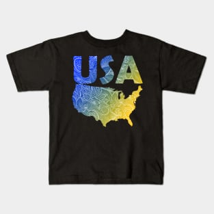 Colorful mandala art map of the United States of America with text in blue and yellow Kids T-Shirt